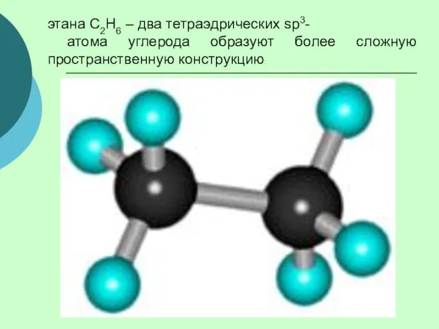 этана С2Н6 – два тетраэдрических sp3- атома углерода образуют более сложную пространственную конструкцию: