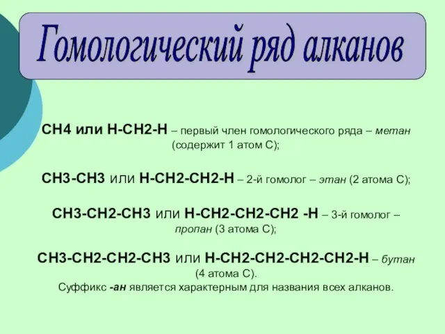 Гомологический ряд алканов CH4 или Н-СН2-Н – первый член гомологического ряда –
