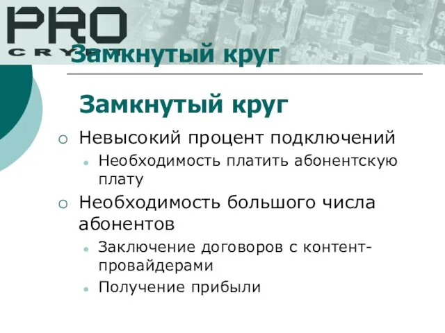 Замкнутый круг Невысокий процент подключений Необходимость платить абонентскую плату Необходимость большого числа