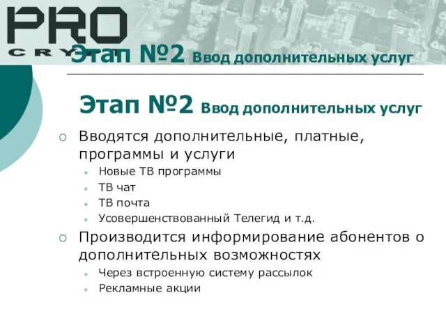 Этап №2 Ввод дополнительных услуг Вводятся дополнительные, платные, программы и услуги Новые