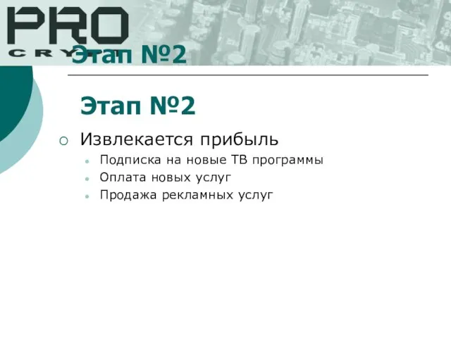 Этап №2 Извлекается прибыль Подписка на новые ТВ программы Оплата новых услуг