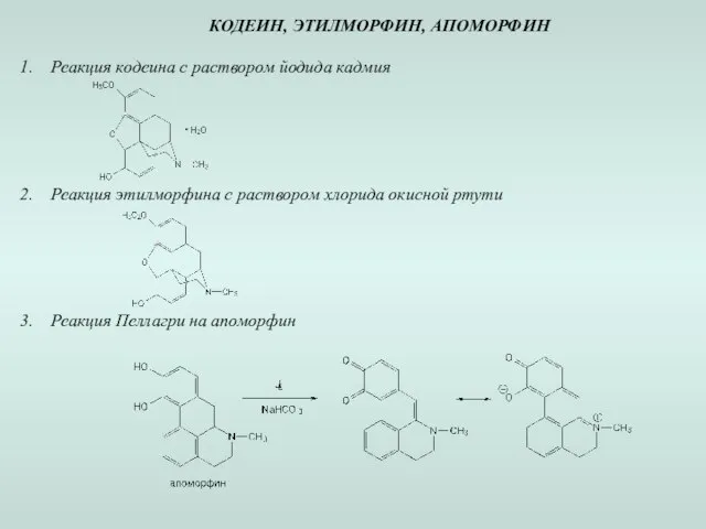 КОДЕИН, ЭТИЛМОРФИН, АПОМОРФИН Реакция кодеина с раствором йодида кадмия Реакция этилморфина с