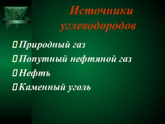 Источники углеводородов Природный газ Попутный нефтяной газ Нефть Каменный уголь