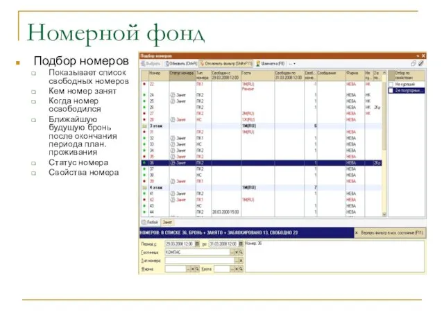 Номерной фонд Подбор номеров Показывает список свободных номеров Кем номер занят Когда