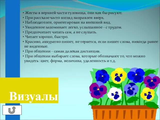 Визуалы Жесты в верхней части туловища, они как бы рисуют. При рассказе