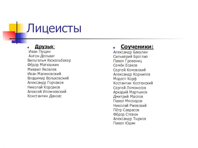 Лицеисты Друзья: Иван Пущин Антон Дельвиг Вильгельм Кюхельбекер Фёдор Матюшкин Михаил Яковлев