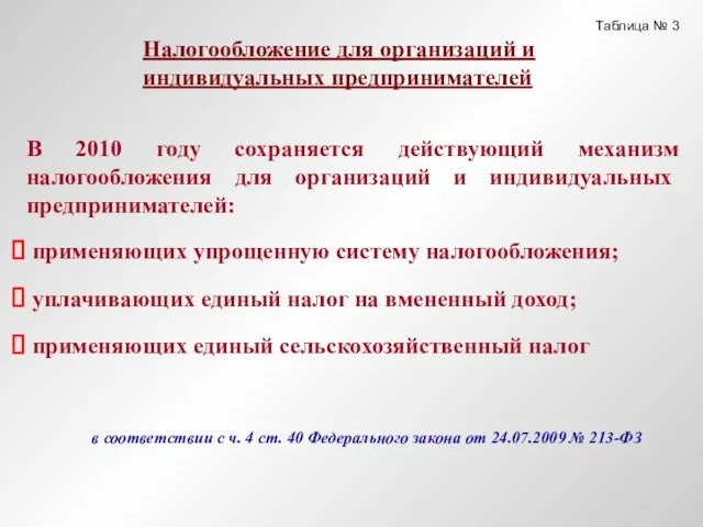 В 2010 году сохраняется действующий механизм налогообложения для организаций и индивидуальных предпринимателей: