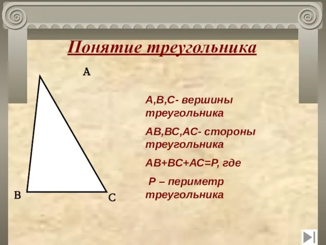 Понятие треугольника А,В,С- вершины треугольника АВ,ВС,АС- стороны треугольника АВ+ВС+АС=Р, где Р –