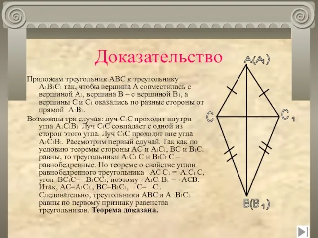 Доказательство Приложим треугольник ABC к треугольнику A1B1C1 так, чтобы вершина A совместилась