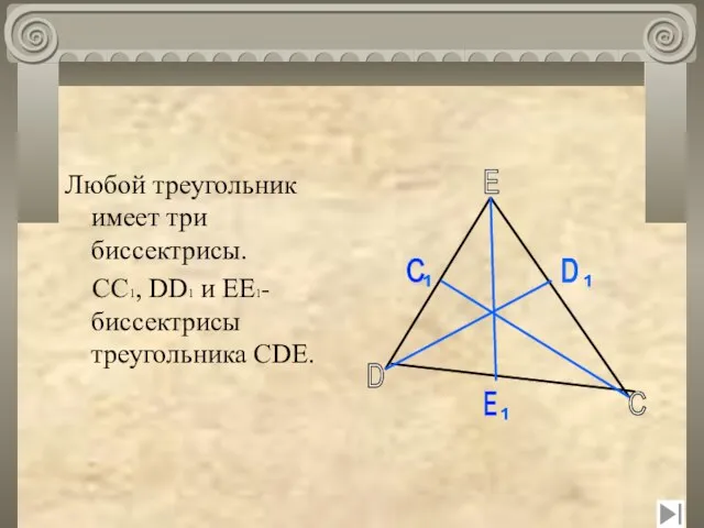 Любой треугольник имеет три биссектрисы. CC1, DD1 и EE1- биссектрисы треугольника CDE.