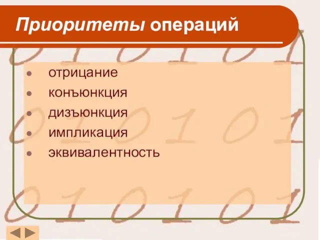 Приоритеты операций отрицание конъюнкция дизъюнкция импликация эквивалентность