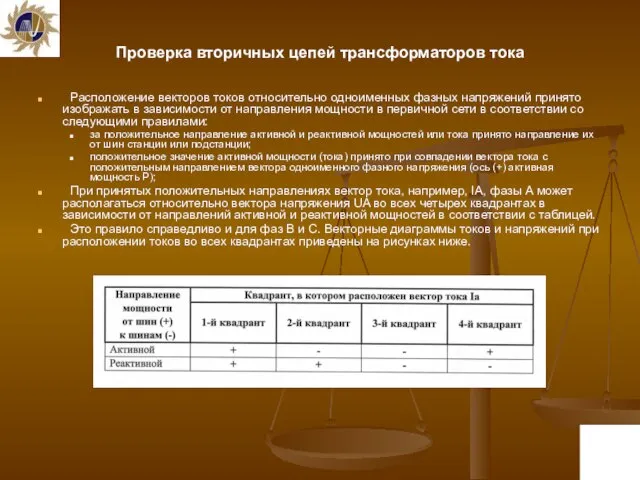 Проверка вторичных цепей трансформаторов тока Расположение векторов токов относительно одноименных фазных напряжений