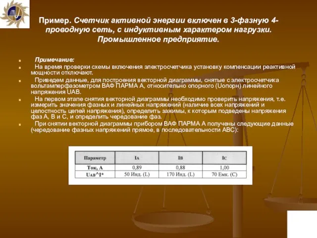 Пример. Счетчик активной энергии включен в 3-фазную 4-проводную сеть, с индуктивным характером