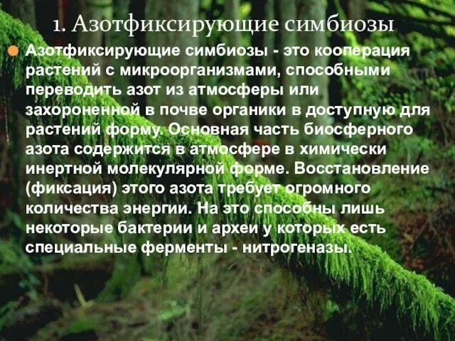 Азотфиксирующие симбиозы - это кооперация растений с микроорганизмами, способными переводить азот из