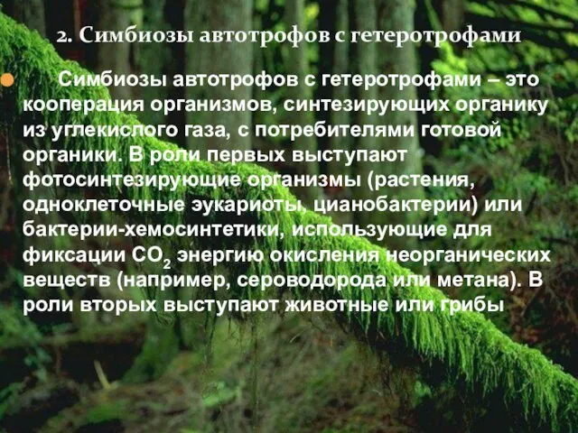 Симбиозы автотрофов с гетеротрофами – это кооперация организмов, синтезирующих органику из углекислого