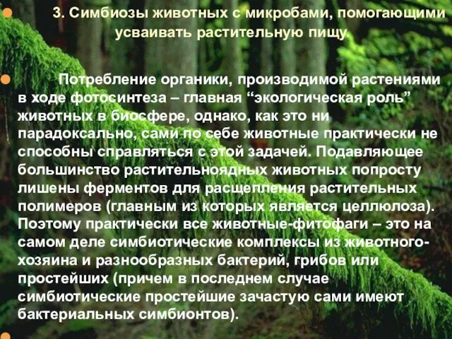 3. Симбиозы животных с микробами, помогающими усваивать растительную пищу. Потребление органики, производимой