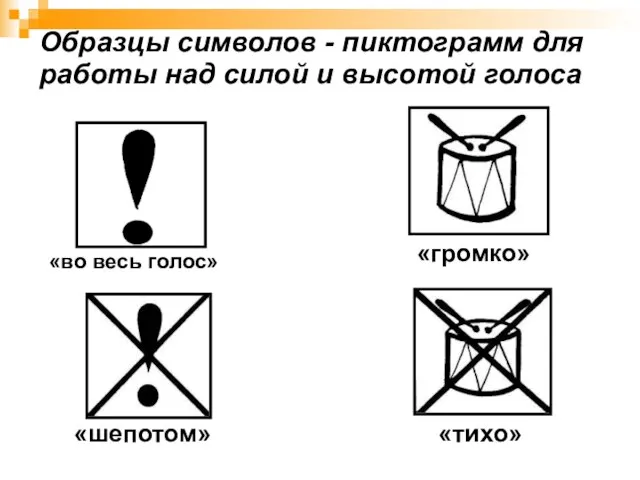 Образцы символов - пиктограмм для работы над силой и высотой голоса «во