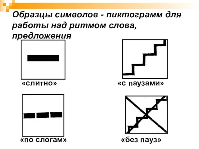 Образцы символов - пиктограмм для работы над ритмом слова, предложения «слитно» «с