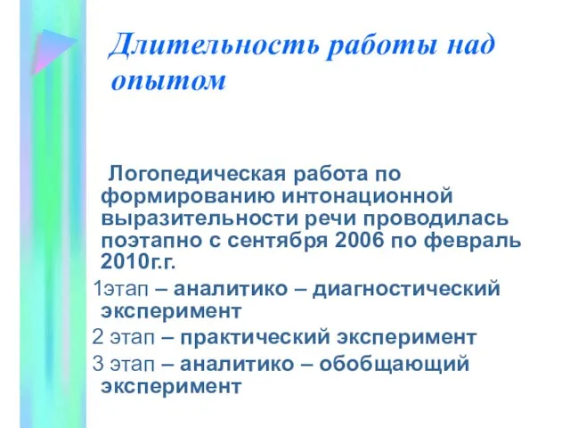 Длительность работы над опытом Логопедическая работа по формированию интонационной выразительности речи проводилась