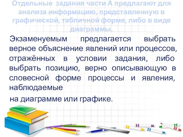 Отдельные задания части А предлагают для анализа информацию, представленную в графической, табличной