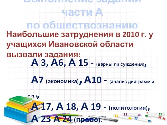 Выполнение заданий части А по обществознанию Наибольшие затруднения в 2010 г. у