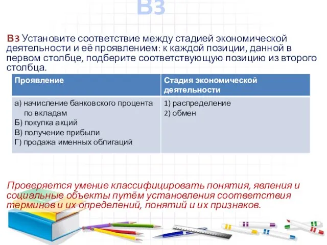 В3. В3 Установите соответствие между стадией экономической деятельности и её проявлением: к