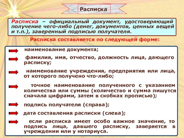 Расписка Расписка составляется по следующей форме: наименование документа; фамилия, имя, отчество, должность