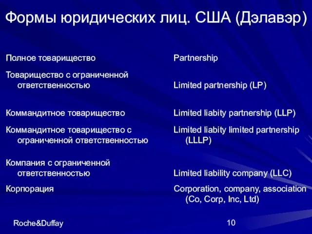 Roche&Duffay Формы юридических лиц. США (Дэлавэр)