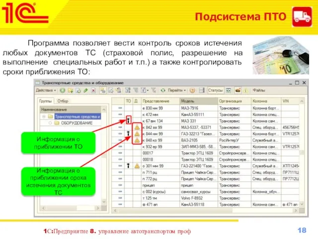 Подсистема ПТО Программа позволяет вести контроль сроков истечения любых документов ТС (страховой