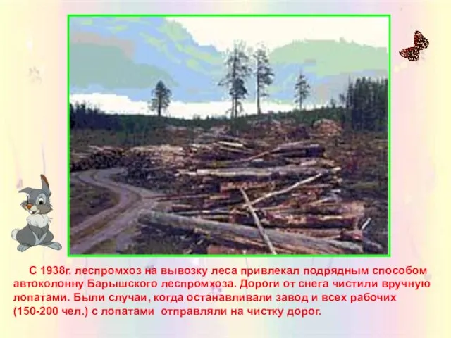 С 1938г. леспромхоз на вывозку леса привлекал подрядным способом автоколонну Барышского леспромхоза.