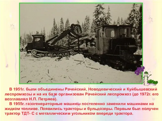 В 1951г. были объединены Рачейский, Новодевический и Куйбышевский леспромхозы и на их