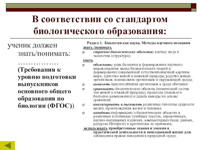 В соответствии со стандартом биологического образования: ученик должен знать/понимать:……………. (Требования к уровню