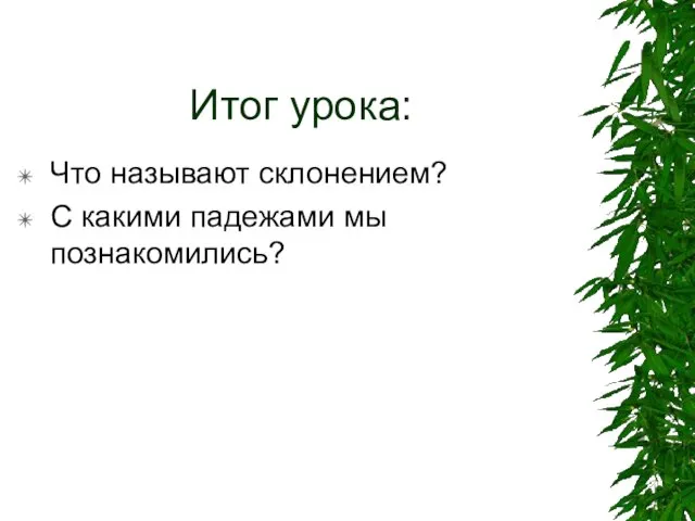 Итог урока: Что называют склонением? С какими падежами мы познакомились?