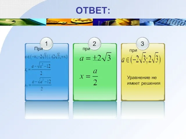 ОТВЕТ: Уравнение не имеет решения При при при