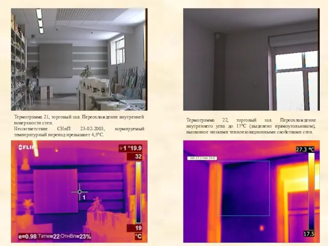 Термограмма 21, торговый зал. Переохлаждение внутренней поверхности стен. Несоответствие СНиП 23-02-2003, нормируемый
