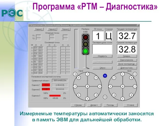 Измеряемые температуры автоматически заносятся в память ЭВМ для дальнейшей обработки. Программа «РТМ – Диагностика»