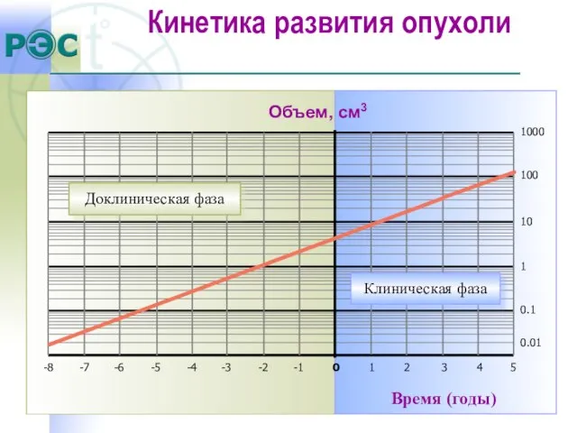 Время (годы) Объем, cм3 Клиническая фаза Доклиническая фаза 1000 100 10 1