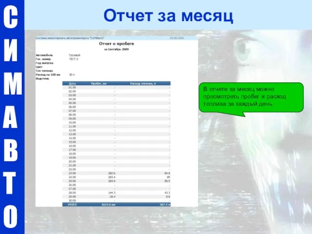 С И М А В Т О Отчет за месяц В отчете