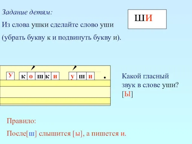 Задание детям: Из слова ушки сделайте слово уши (убрать букву к и