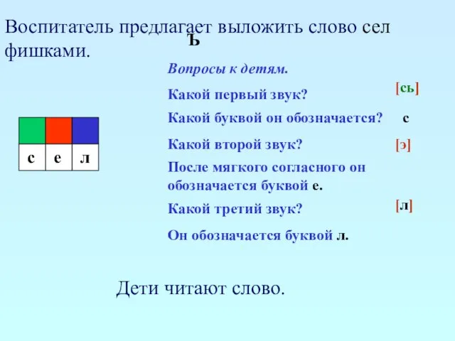 Воспитатель предлагает выложить слово сел фишками. Ъ Вопросы к детям. Какой первый