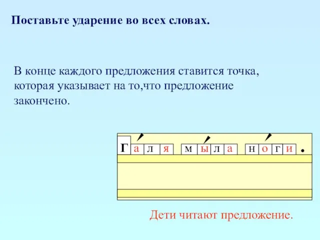 Поставьте ударение во всех словах. Дети читают предложение. В конце каждого предложения