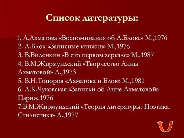 Список литературы: 1. А.Ахматова «Воспоминания об А.Блоке» М.,1976 2. А.Блок «Записные книжки»