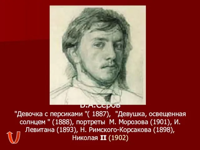 В.А.Серов "Девочка с персиками "( 1887), "Девушка, освещенная солнцем " (1888), портреты