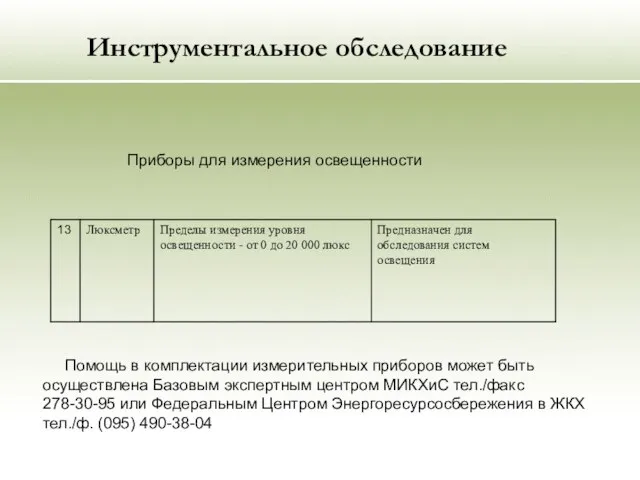 Инструментальное обследование Приборы для измерения освещенности Помощь в комплектации измерительных приборов может