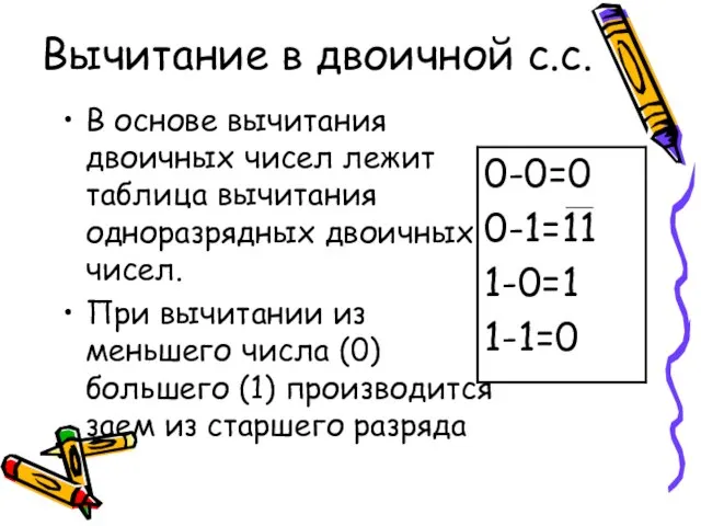 Вычитание в двоичной с.с. В основе вычитания двоичных чисел лежит таблица вычитания