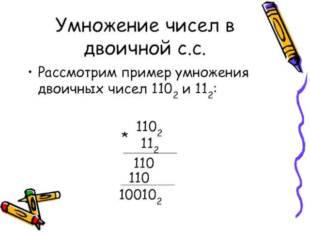 Умножение чисел в двоичной с.с. Рассмотрим пример умножения двоичных чисел 1102 и 112: 110 110 100102