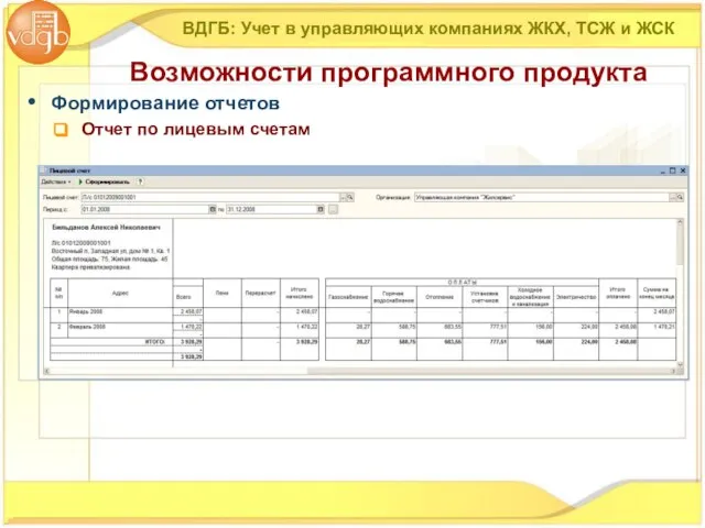 Формирование отчетов Отчет по лицевым счетам ВДГБ: Учет в управляющих компаниях ЖКХ,