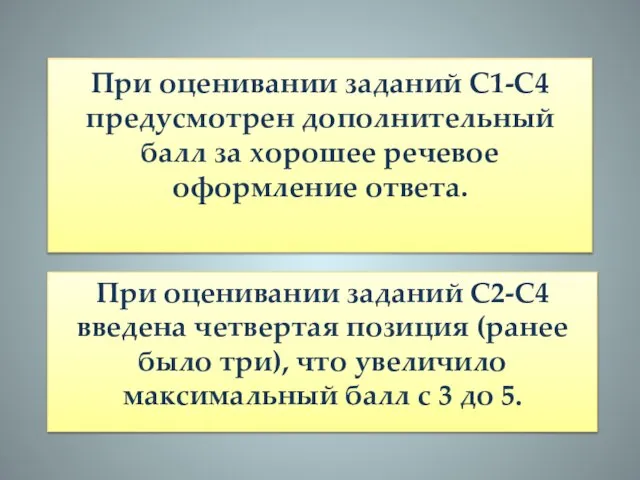 При оценивании заданий С1-С4 предусмотрен дополнительный балл за хорошее речевое оформление ответа.