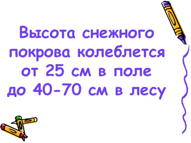 Высота снежного покрова колеблется от 25 см в поле до 40-70 см в лесу