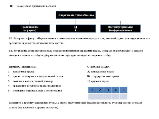 Исторические типы общества В1. Какое слово пропущено в схеме? ? Традиционное (аграрное)